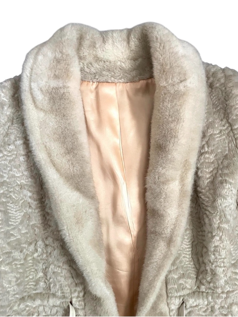 Vintage 60s Faux Fur Shawl Collar Coat Cream Waist Tie Satin Lining - Picture 2 of 15
